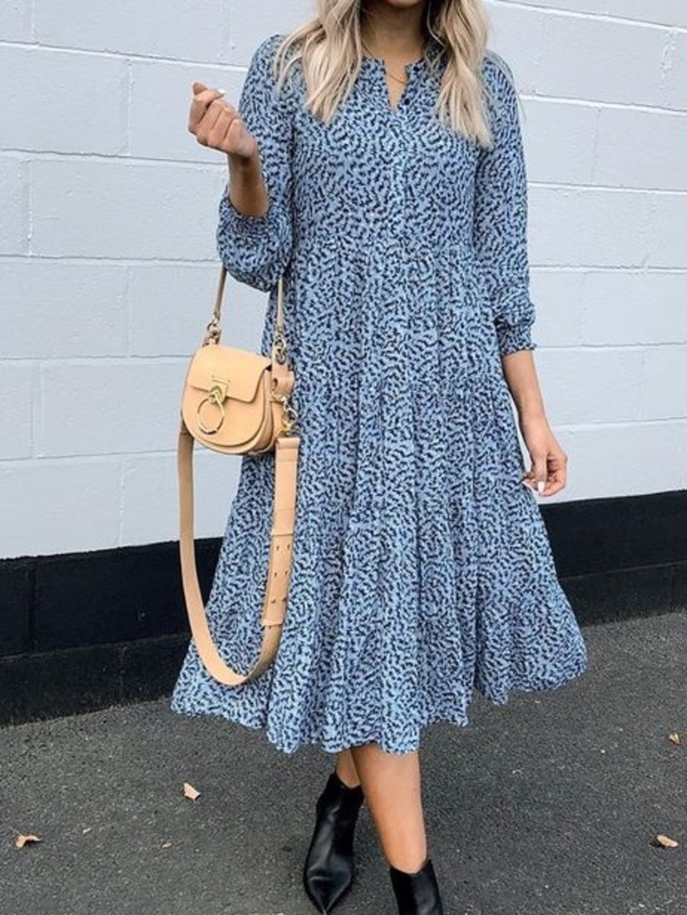 Zara Blue Printed Tiered Midi Dress